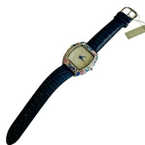 Elegant Blue Leather Strap Watch with Crystal Accents